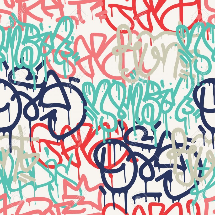 Colorful+seamless+pattern.+Graffiti+hand+style+old+school+doodles+street+art+illustration.+Composition+with+tags%2C+signs%2C+elements+for+skate+board%2C+street+clothing+streetwear+wallpapers+textile+fabric