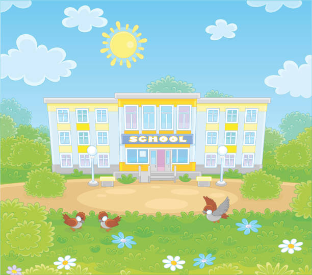 Vector illustration of a school building, a school yard and sparrows on a green lawn on a sunny day