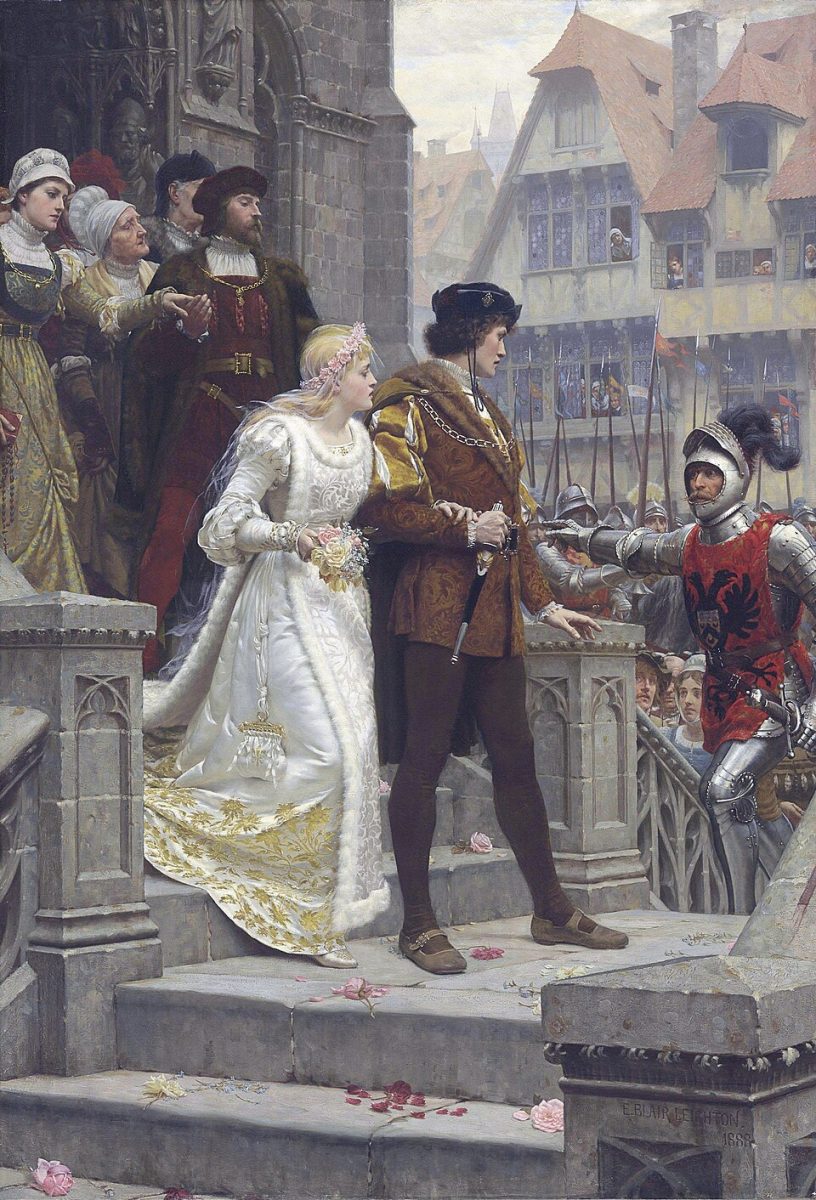 To Arms! 'Sweet bridal hymn, that issuing through the porch is rudely challenged with the cry 'to arms'' 
*signed (b.r.): E. BLAIR LEIGHTON. / 1888 
*oil on canvas 
*152.4 x 105.4 cm